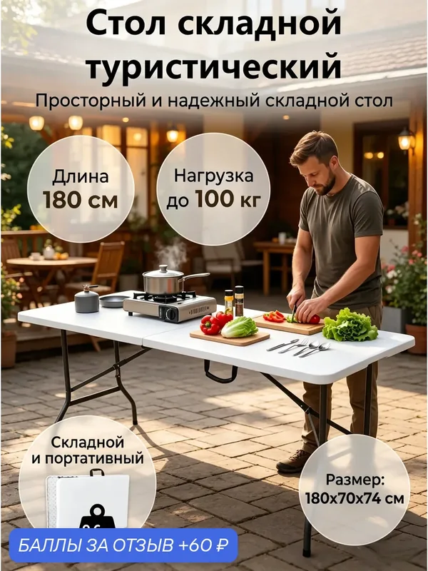 Стол туристический, складной, 180 см x 70 см x 74 см, до 100 кг — VLAKEN, 60 баллов за отзыв Яндекс Маркет
