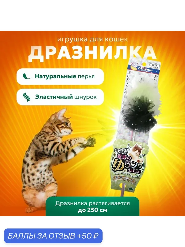 Игрушка для кошек Japan Premium Pet Дразнилка "Зелёная балерина в юбке" с натуральными перьями и колокольчиком — Japan Premium Pet, 50 баллов за отзыв Яндекс Маркет