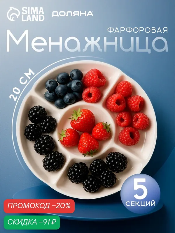 Менажница Доляна White Label, 5 секций, d=20 см, фарфор, белая — Доляна, скидка по промокоду Яндекс Маркет