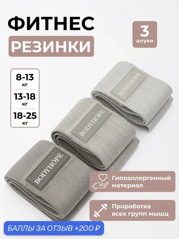 Набор резинок для фитнеса BODYHOPE, для йоги, пилатеса, 3шт. — BODYHOPE, 200 баллов за отзыв Яндекс Маркет