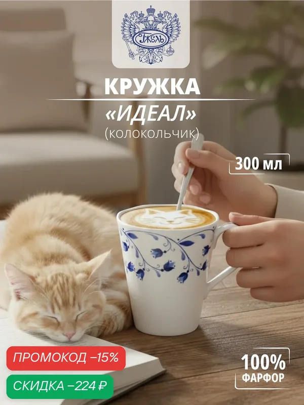 Кружка. Объединение "гжель". Кружка "Идеал" (колокольчик), v-300мл, костяной фарфор — Объединение "Гжель", скидка по промокоду Яндекс Маркет