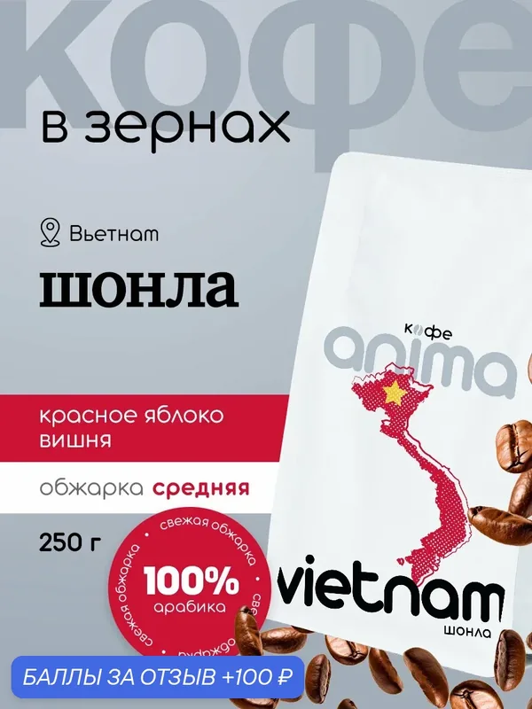 Кофе зерновой Анима "Вьетнам", 100% арабика, средняя обжарка, Шонла 250гр зерно — Анима, 100 баллов за отзыв Яндекс Маркет