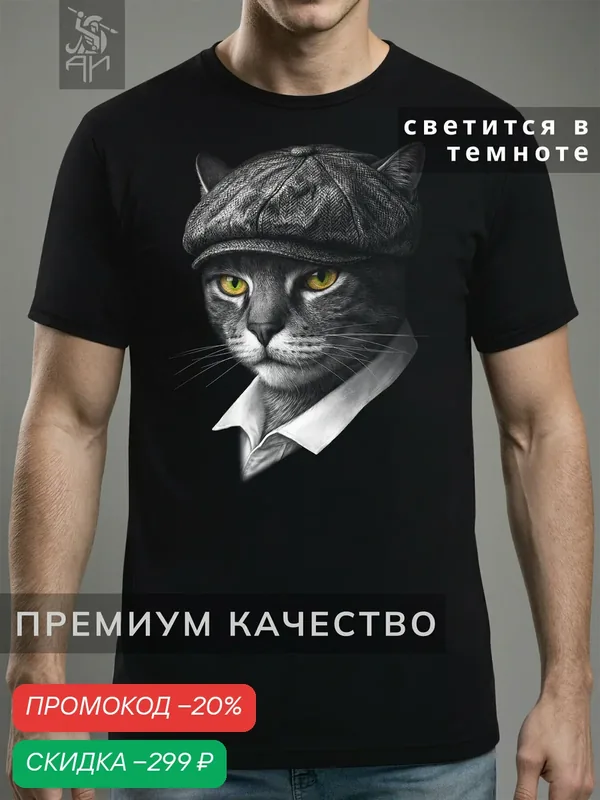 Футболка светящаяся с принтом Кот в кепке — АРТ-ИМПЕРИЯ, скидка по промокоду Яндекс Маркет