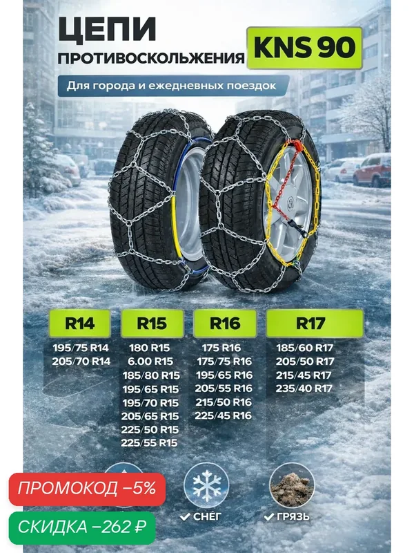 Цепи противоскольжения KNS90 на колеса R14-R17, 2 шт в кейсе для снега, льда и грязи — скидка по промокоду Яндекс Маркет