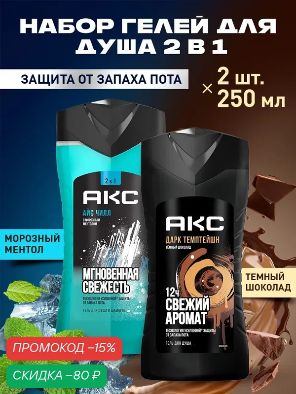 АКС Шампунь для волос и гель для душа мужской 2в1 250 мл 2 шт — АКС, скидка по промокоду Яндекс Маркет