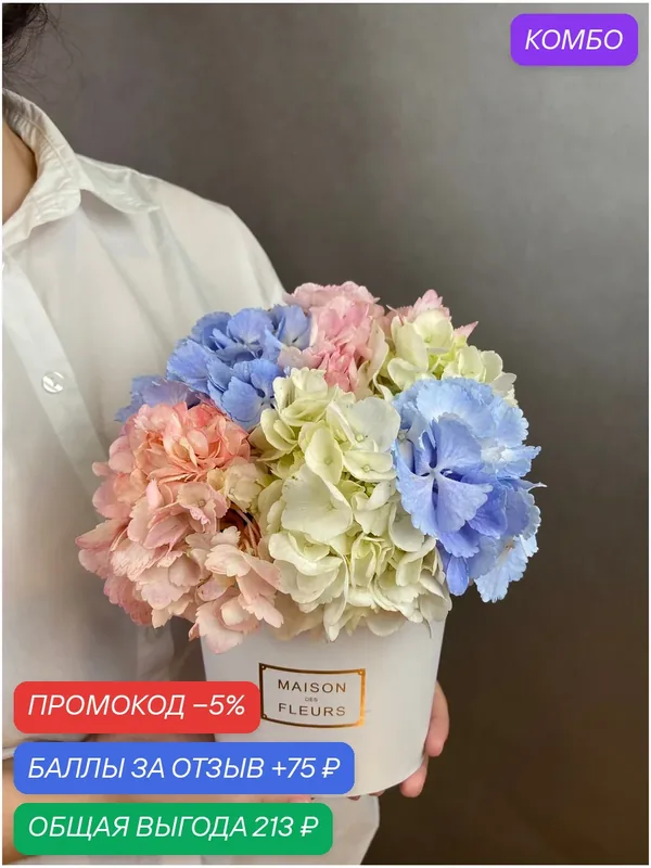 Гортензия микс (розовая, голубая и белая) в белой коробке MINI — Дизайн цветка, промокод и 75 баллов за отзыв Яндекс Маркет
