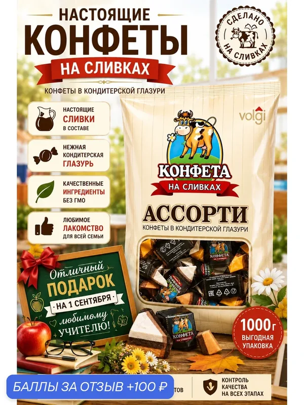 Вольская конфета, на сливках, в кондитерской глазури, Ассорти, 1 кг. — Вольский кондитер, 100 баллов за отзыв Яндекс Маркет