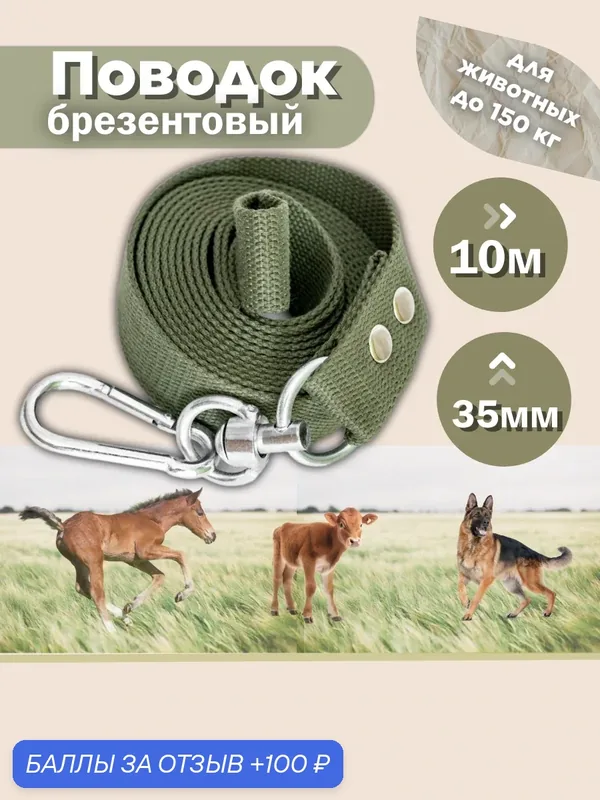 Поводок для крупных собак брезентовый 10 метров 35 мм (зелёный) — 100 баллов за отзыв Яндекс Маркет