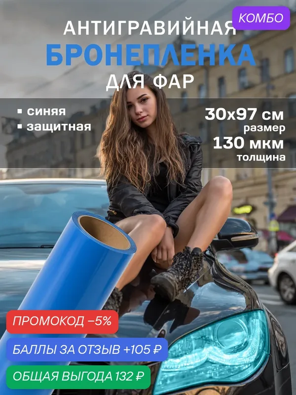 Защитная пленка для фар автомобиля. Тонировка фар глянцевая — 30х97 см, цвет: голубой — Reton Group, скидка по промокоду Яндекс Маркет