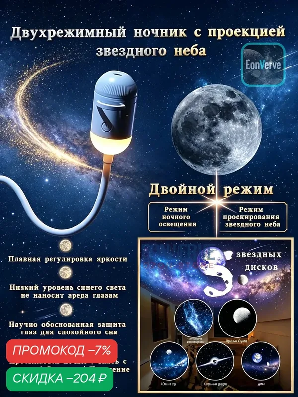Ночник с проекцией звёздного неба, Мини-проектор, 5 слайдаB — скидка по промокоду Яндекс Маркет
