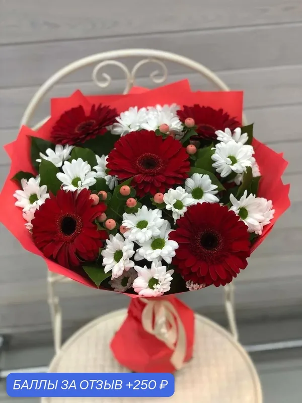 Букет Romashka FLOWERS «Брусничный вкус», герберы и хризантемы, высота до 35см — Romashka, 250 баллов за отзыв Яндекс Маркет