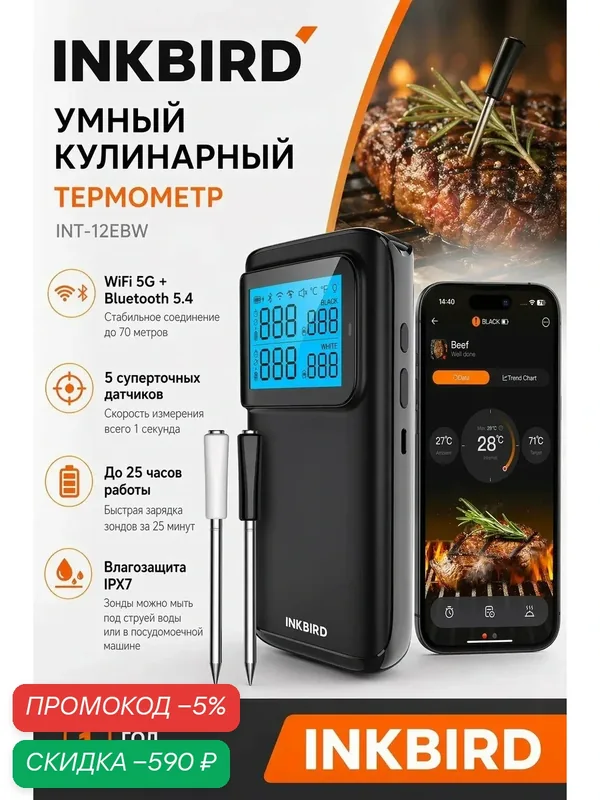 Термометр INKBIRD INT-12EBW, для мяса, с двумя щупами, беспроводной, сталь, керамика, черный — INKBIRD, скидка по промокоду Яндекс Маркет