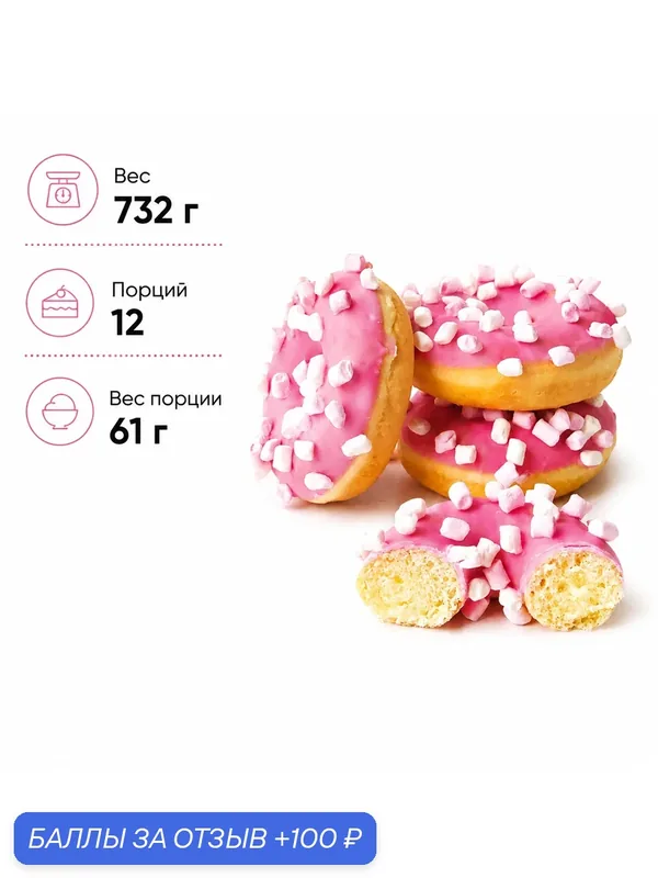Донат с розовой глазурью и маршмеллоу, 12 штук по 61 г. (732 г.) — Dessert Fantasy, 100 баллов за отзыв Яндекс Маркет