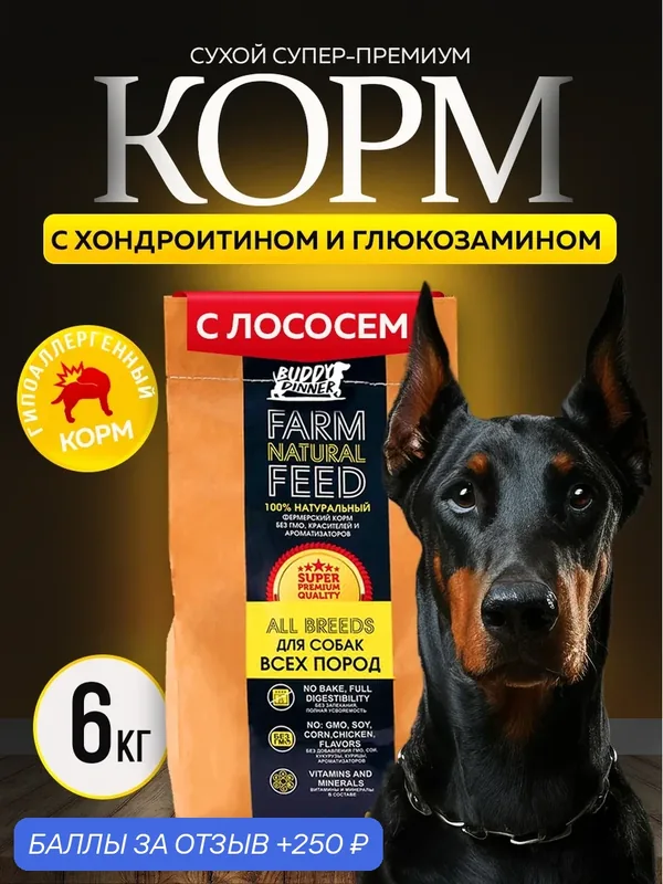 Сухой корм для собак средних и крупных пород Buddy Dinner с лососем 6 кг — Buddy Dinner, скидка по промокоду Яндекс Маркет