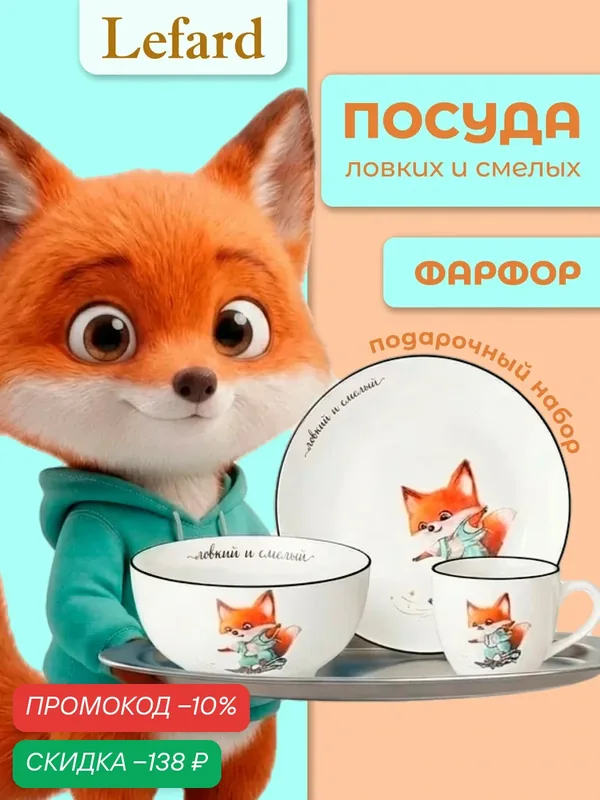 Сервиз Lefard "Ловкий и смелый", набор детской посуды, фарфоровый, 3 предмета: салатник, тарелка, кружка — Lefard, скидка по промокоду Яндекс Маркет