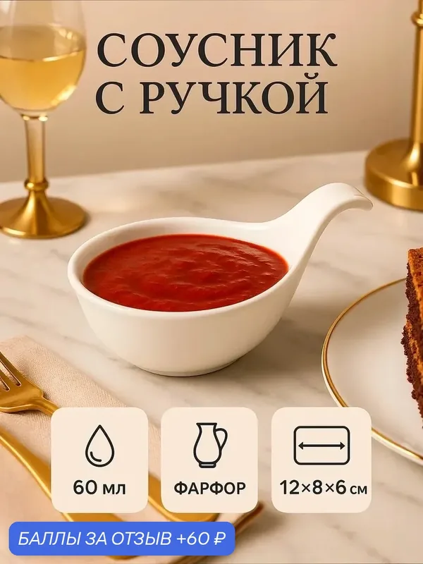 Соусник Доляна White Label, 60 мл, 12×8×6 см, фарфор, цвет белый — Доляна, 60 баллов за отзыв Яндекс Маркет