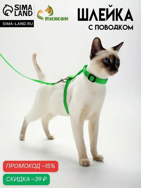 Комплект для кошек, ширина 1, 5 см, ОШ 16, 5-27 см, ОГ 21-35 см, поводок 120 см, зелёный — ПИЖОН, скидка по промокоду Яндекс Маркет