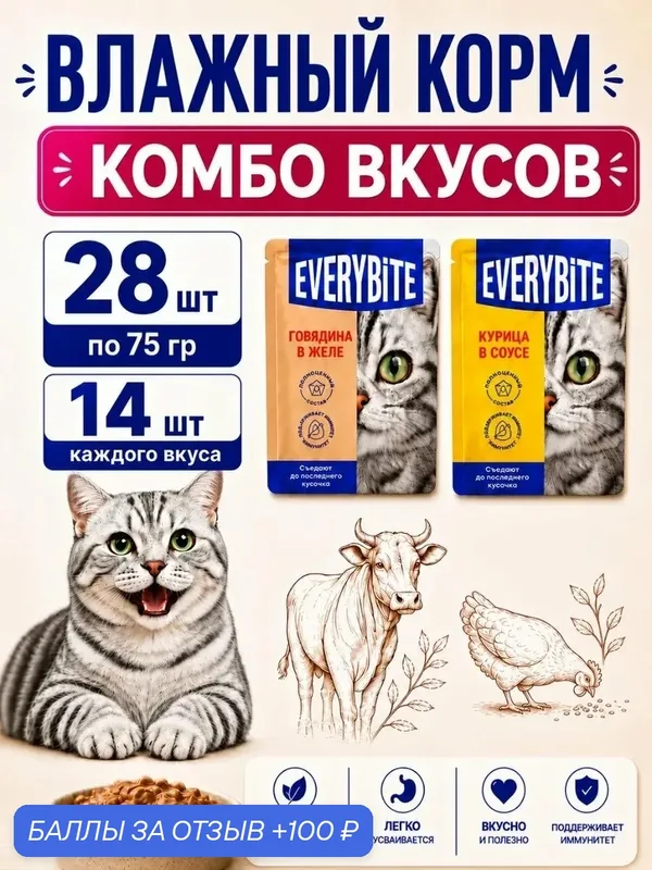 Корм для кошек влажный ассорти 28 шт по 75 гр. Everybite — Everybite, 100 баллов за отзыв Яндекс Маркет