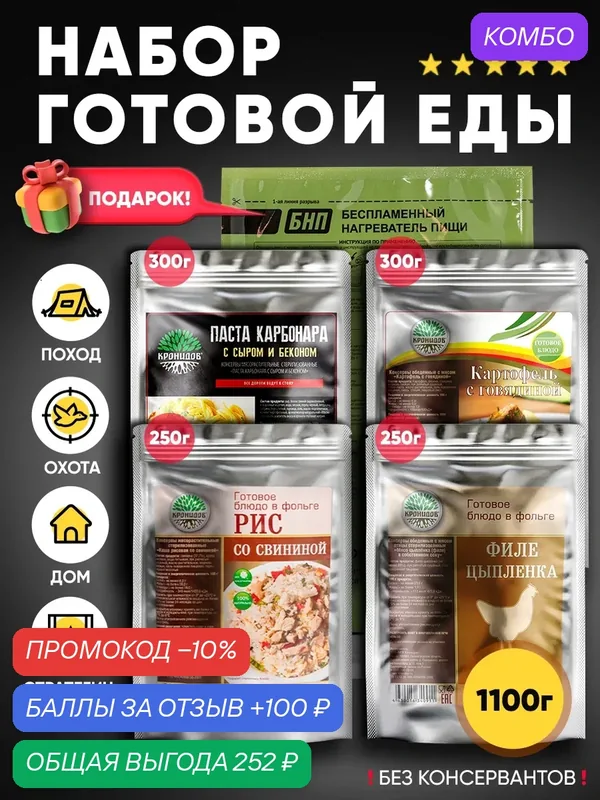 Набор из 4 готовых блюд Кронидов: Картофель с говядиной/Паста Карбонара/Рис со свининой/Филе цыпленка в собственном соку + Подарок БНП 1 шт. — Кронидов, скидка по промокоду Яндекс Маркет