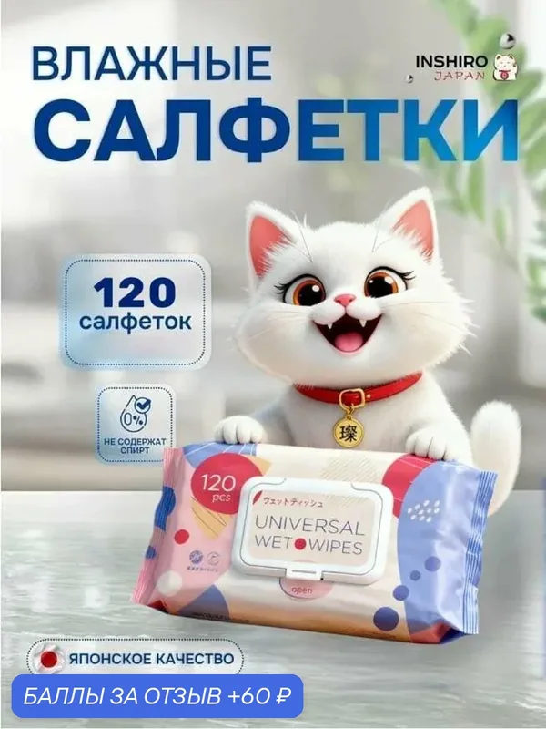 Салфетки влажные универсальные 120 шт — Inshiro, 60 баллов за отзыв Яндекс Маркет