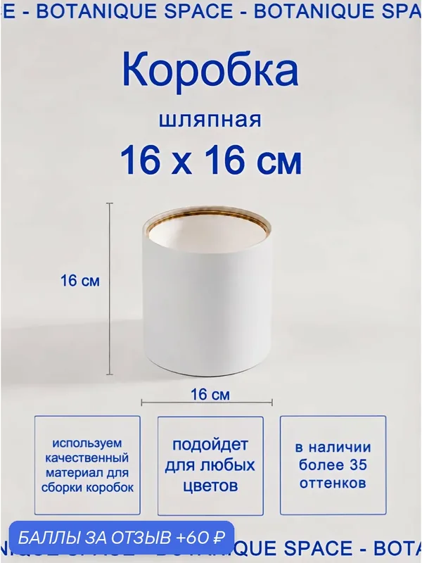 Шляпная коробка 16х16 см / белый / без крышки / для цветочков — 60 баллов за отзыв Яндекс Маркет