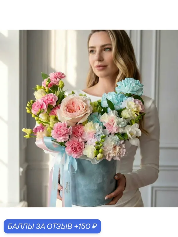 Цветы в коробке Японские розы Тсумуги (Tsumugi) с радужными диантусами. Композиция Букет 567. Leora — 150 баллов за отзыв Яндекс Маркет