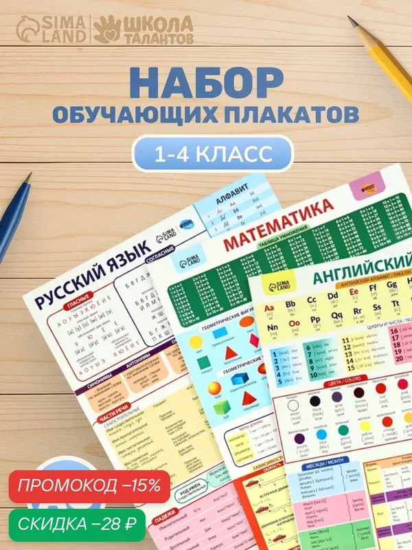 Набор обучающих плакатов «Русский язык, математика и английский язык 1-4 класс» 3 в 1, А3 — Школа талантов, скидка по промокоду Яндекс Маркет