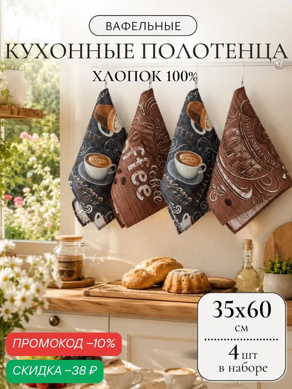 Кухонные полотенца набор 4 шт 35х60 см Павлина, вафельные, 100% хлопок, кофе — Павлина, скидка по промокоду Яндекс Маркет