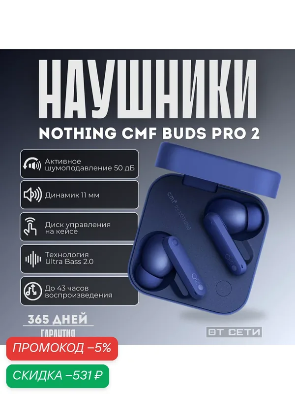 Беспроводные наушники Nothing CMF Buds Pro 2 с шумоподавлением, синий, B172 — NOTHING, скидка по промокоду Яндекс Маркет