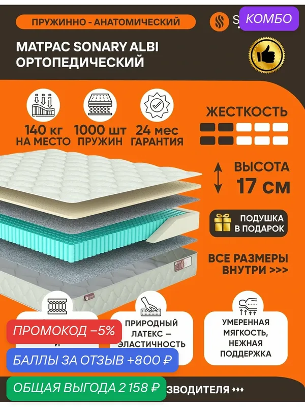 Матрас Sonary Albi 115х180 серии Town высота 17 см анатомический средней жесткости латексный Независимые пружины — SONARY, промокод и 800 баллов за отзыв Яндекс Маркет