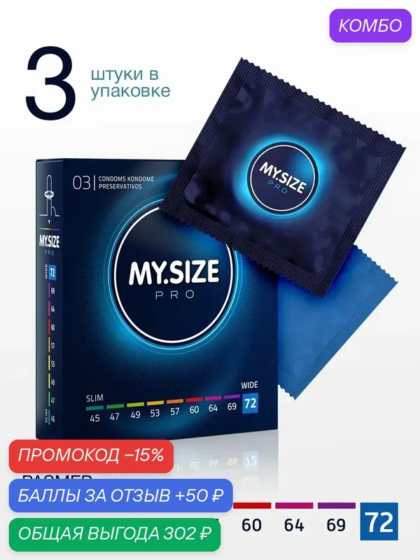 Презервативы "MY.SIZE PRO", размер 72, силиконовая смазка, 3 шт. — MY.SIZE, промокод и 50 баллов за отзыв Яндекс Маркет