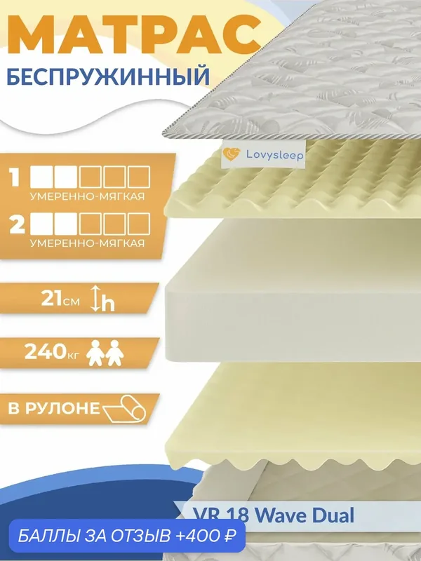 Матрас VR 18 Wave Dual 90х200 см, беспружинный, 21 см, односпальный, двусторонний, умеренно-мягкий, в рулоне — Lovysleep, 400 баллов за отзыв Яндекс Маркет