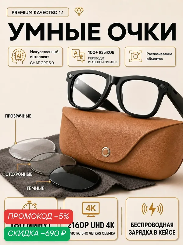 PRIME DEVICE Очки с камерой, прозрачный, черный — скидка по промокоду Яндекс Маркет