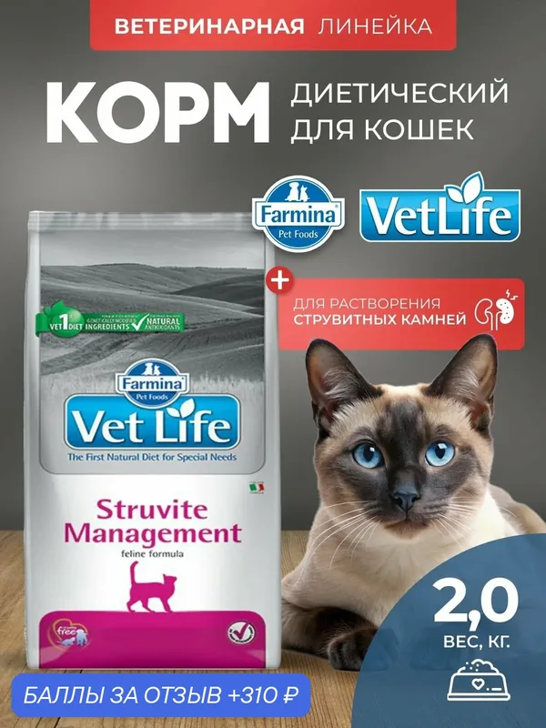 Cухой корм для кошек Farmina Vet Life менеджмент струвит 2 кг — Farmina, 310 баллов за отзыв Яндекс Маркет