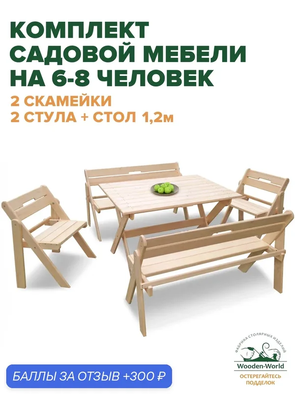 Садовая мебель комплект складной (стол 1, 2м, 2 скамейки и 2 стула) для дачи и сада на 6-8 человек — Wooden-World, 300 баллов за отзыв Яндекс Маркет