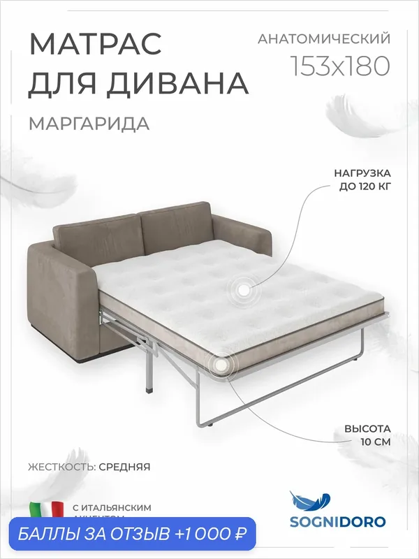 Матрас для дивана с американской раскладушкой 153х180х10, анатомический Маргарида, беспружинный — LUXURY mattresses, 1 000 баллов за отзыв Яндекс Маркет