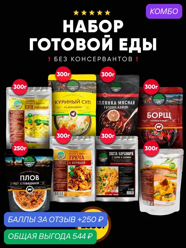 Набор из 8 готовых блюд Кронидов: Картофель с говядиной/ Курица с гречей/ Паста Карбонара/ Плов с говядиной/ Суп гороховый/ Куриный суп/ Солянка/ Борщ. Готовая еда — Кронидов, промокод и 250 баллов за отзыв Яндекс Маркет