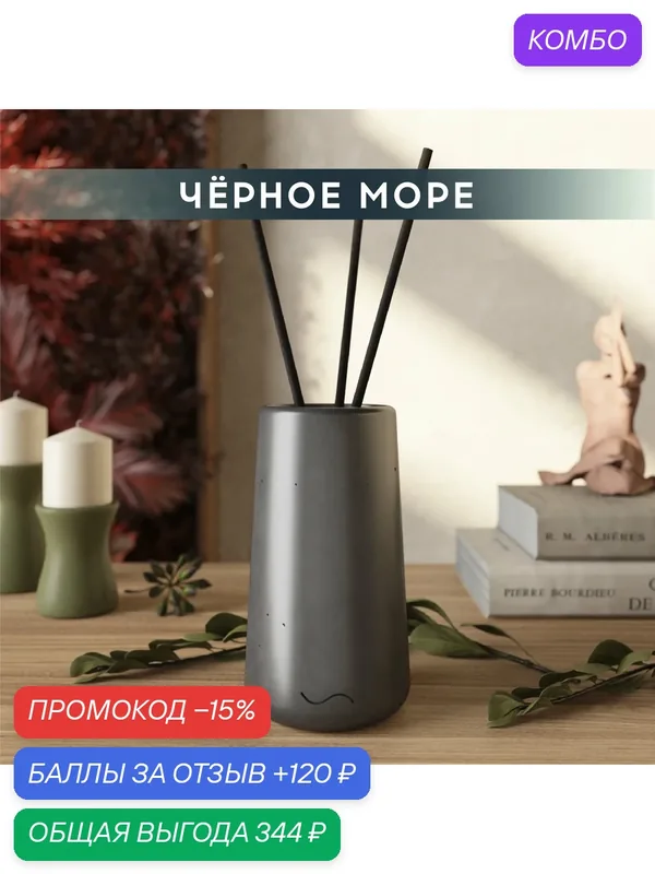 Ароматический диффузор, Черное море, 100мл, в бетонной вазе Astrid, графитовый глянцевый — MUSKO, промокод и 120 баллов за отзыв Яндекс Маркет
