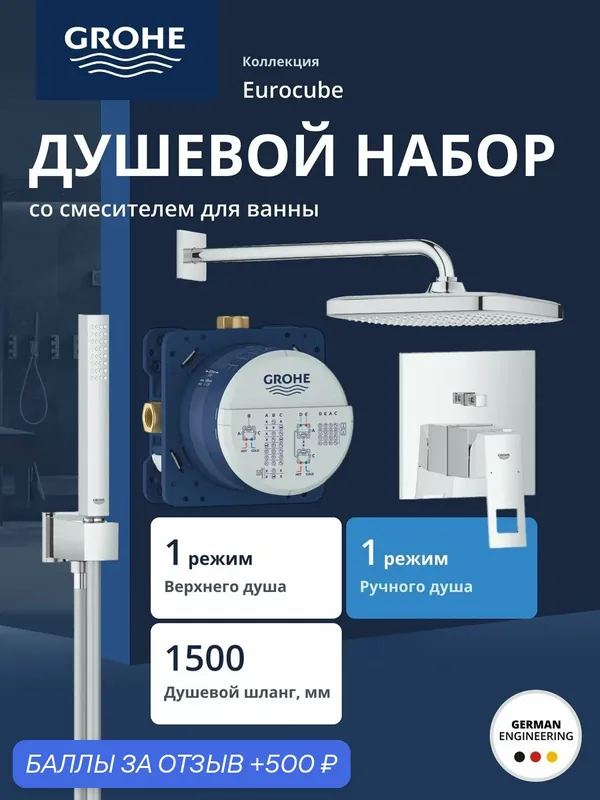Душевая система GROHE Eurocube скрытого монтажа со смесителем, хром (25289000) — Grohe, 500 баллов за отзыв Яндекс Маркет