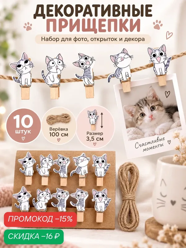 Набор для фото и декора "Котята", в наборе прищепки 10 шт, веревка 100 см. — Сима-ленд, скидка по промокоду Яндекс Маркет