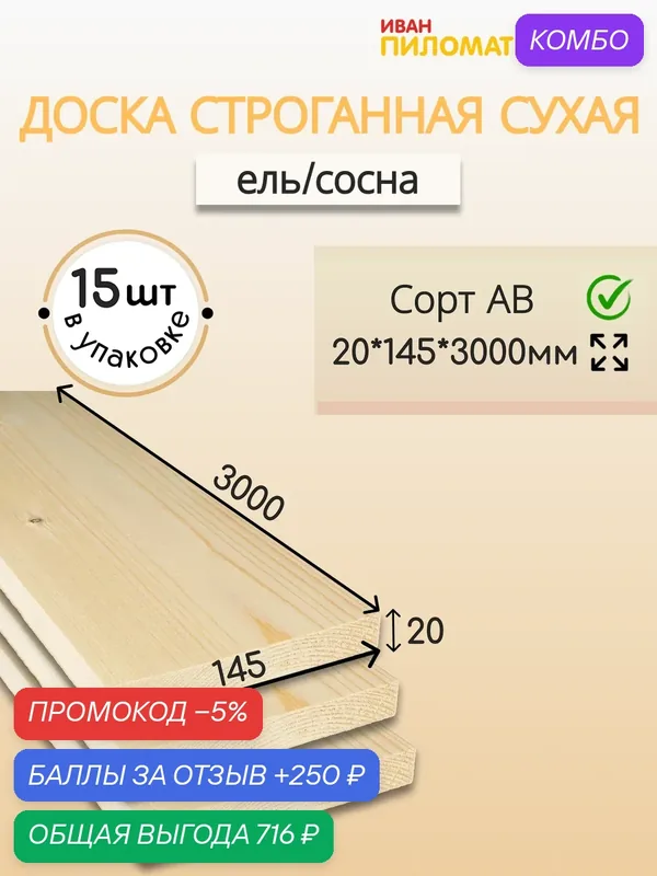 Доска строганная сухая профилированная (хвоя) 20х145х3000 (15 шт.) Сорт АВ Цена указана за комплект из 15 шт. — 250 баллов за отзыв Яндекс Маркет