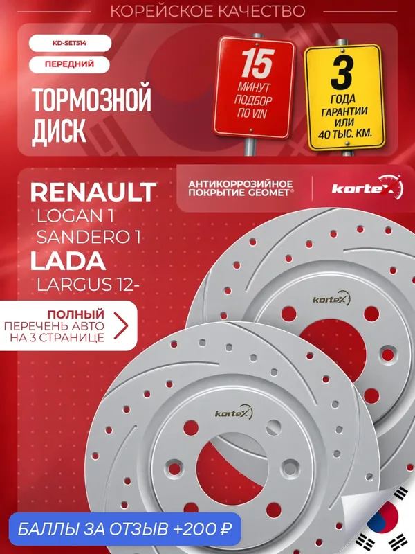 Диск тормозной для RENAULT LOGAN перед. вент. (+ABS) (d 259mm)(Geomet/перфорация+насечки)(к-т 2шт) — KORTEX, 200 баллов за отзыв Яндекс Маркет