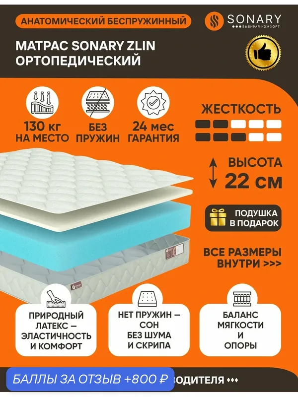 Матрас Sonary Zlin 160х186 серии Foam высота 22 см анатомический средней жесткости латексный Беспружинный — SONARY, 800 баллов за отзыв Яндекс Маркет
