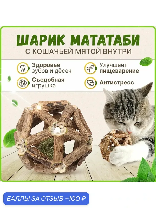 Игрушка ручной работы для кошек: шарик с кошачьей мятой и палочками мататаби для чистки зубов, мячик дразнилка с мятным леденцом для котов, котят — 100 баллов за отзыв Яндекс Маркет
