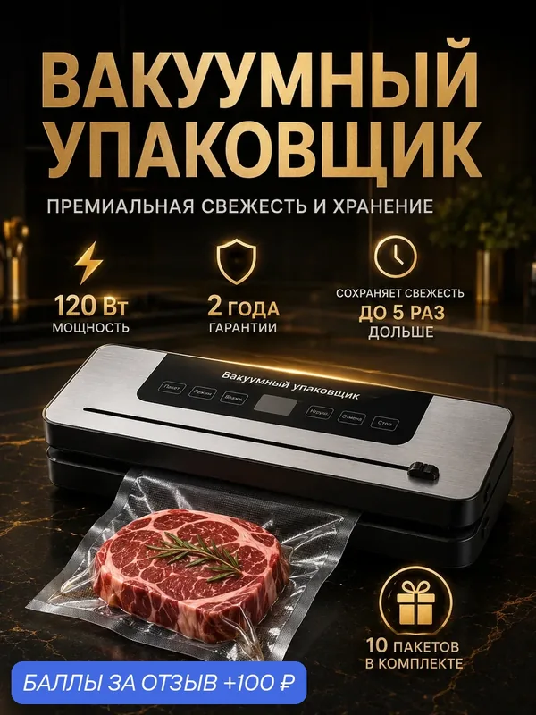 Вакууматор для продуктов с запайкой и пакетами, с дисплеем, портативный — 100 баллов за отзыв Яндекс Маркет