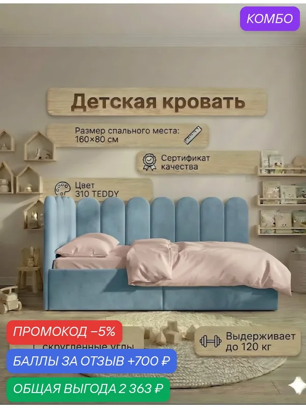 Детская кровать 160 80 см серо-синий с ящиками, кровать детская от 3х лет, спинка слева, сплошное основание — Три кроватки, 700 баллов за отзыв Яндекс Маркет