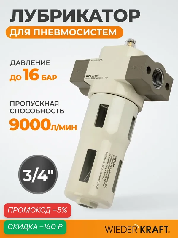 Лубрикатор WIEDERKRAFT WDK-7660F для пневмосистем, 3/4", 16 Бар — WIEDERKRAFT, скидка по промокоду Яндекс Маркет
