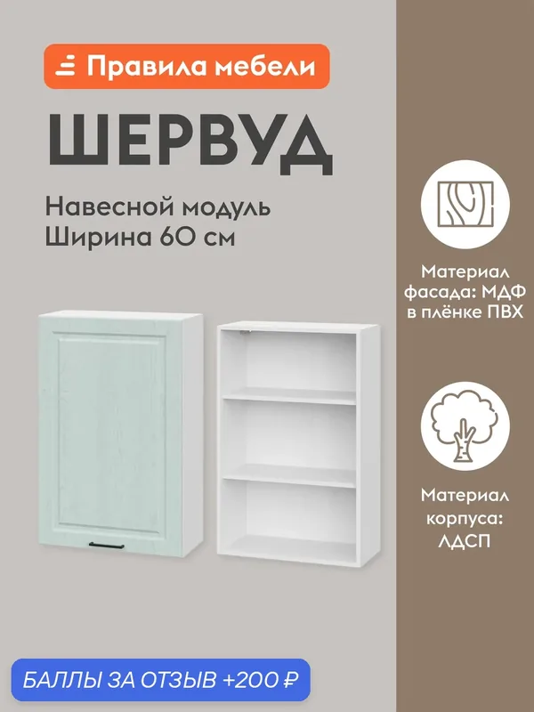 Кухонный модуль навесной, шкаф Шервуд с доводчиками, с полками, 60х29.6х91.2 см, Белый / Деним голубой — Правила мебели, 200 баллов за отзыв Яндекс Маркет