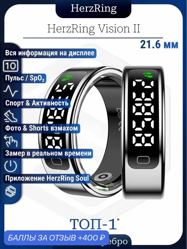 Умное кольцо HerzRing Vision 2 с ИИ (Цвет серебро внутренний диаметр кольца 21, 6 мм) — HerzRing, 400 баллов за отзыв Яндекс Маркет