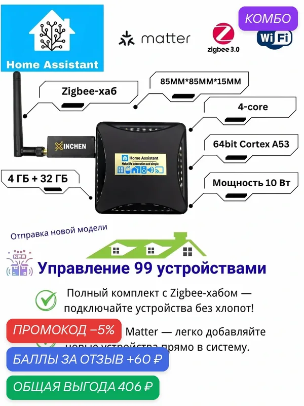 Мини-сервер Home Assistant с Wi-Fi и Zigbee Matter для умной автоматизации Home Assistant станция 4ГБ/32ГБ с Zigbee хабом — промокод и 60 баллов за отзыв Яндекс Маркет